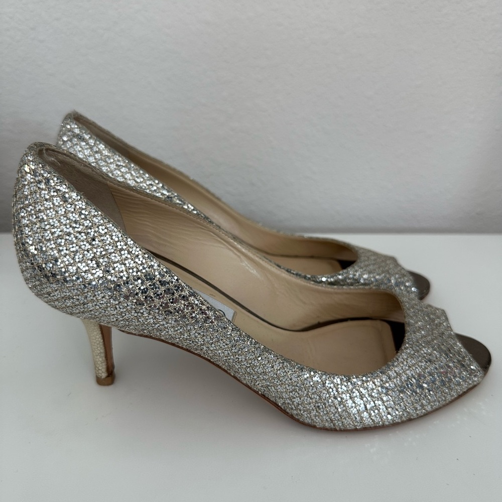 JIMMY CHOOSE Gold/Silver Glitter Peep-Toe Heels